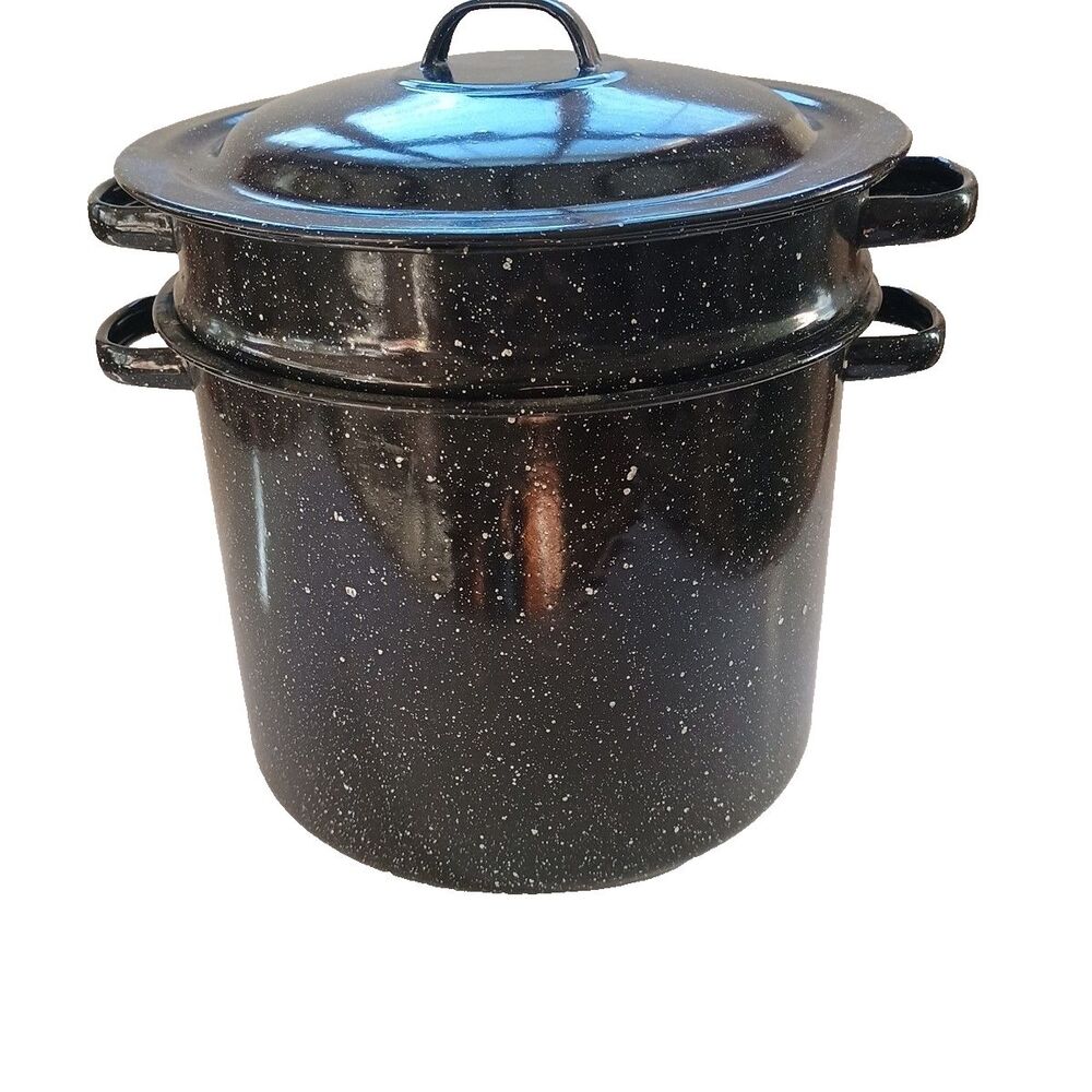 Black Speckled Enamelware Nesting Stock Pot W/ 2 Inserts+ Colander 9.5 x 9"